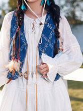 Load image into Gallery viewer, Bohemian White Long-sleeved Ruffles Mini Dress with Blue Suede Embroidered Vest Boho Suit