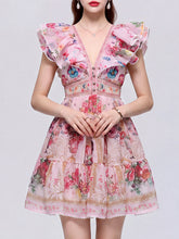 Load image into Gallery viewer, Women’s Boho Yellow Floral Printed Chiffon V-Neck Ruffled Summer Beach Mini Dress