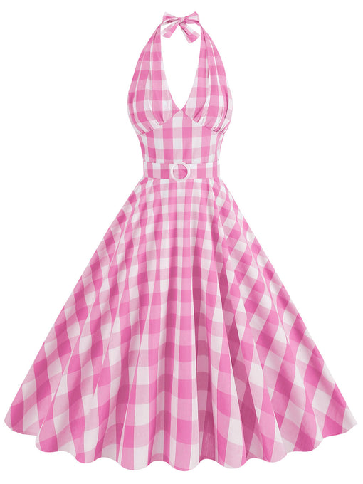 Pink And White Plaid Halter Deep V Neck 1950S Vintage Dress With Belt