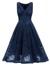 Load image into Gallery viewer, Solid Color Lace Sleeveless V Neck 50s Party Swing Dress