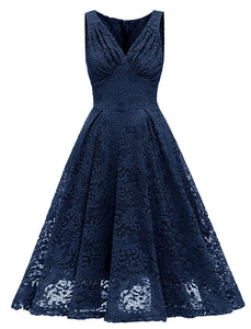 Solid Color Lace Sleeveless V Neck 50s Party Swing Dress