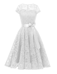 White Semi Sheer Solid Color 50s Party Lace Swing Dress