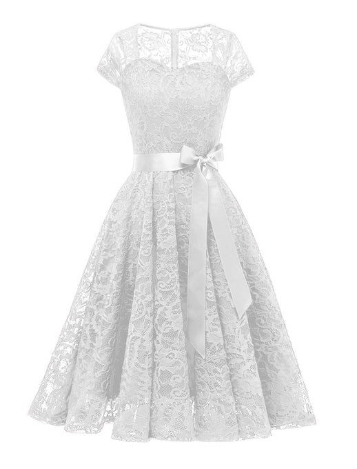 White Semi Sheer Solid Color 50s Party Lace Swing Dress