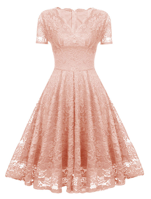 Solid Color Lace Short Sleeve V Neck 50s Party Swing Dress