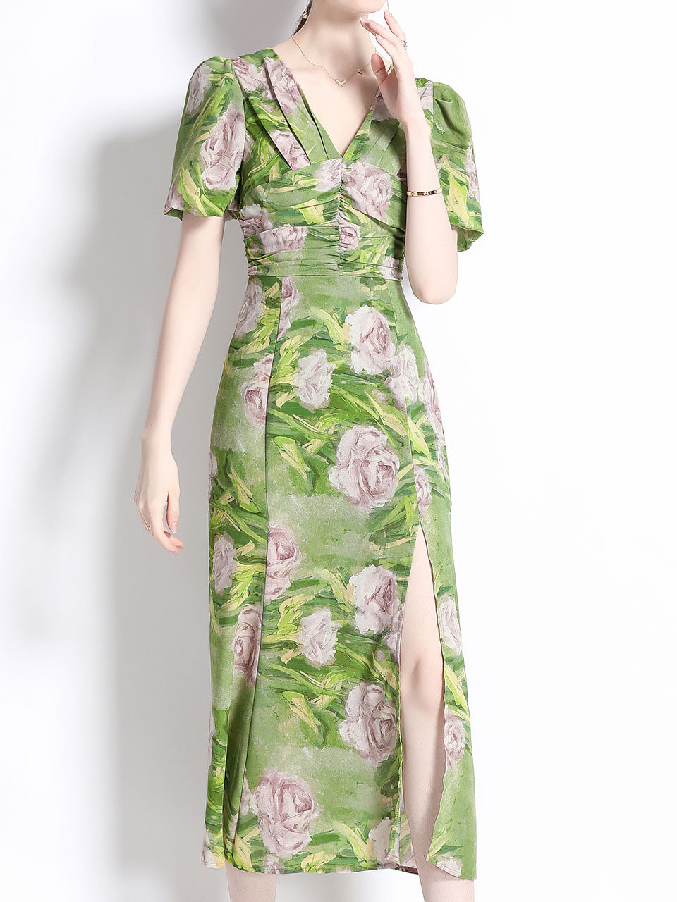 Green V-neck Puff Sleeves Floral Print Slit Bodycon Dress, Green / L