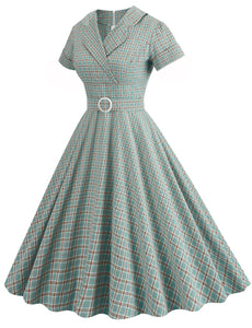 Sweat V Neck Plaid 1950S Vintage Swing Dress
