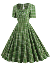 Load image into Gallery viewer, Green Square Bow Collar Plaid Short Sleeve 1950S Cotton Dress