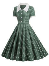 Load image into Gallery viewer, Navy Stripe Johnny Collar Short Sleeve Swing Vintage 1950S Party Dress