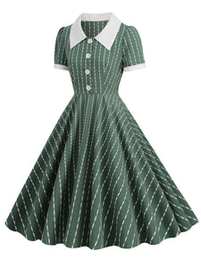 Navy Stripe Johnny Collar Short Sleeve Swing Vintage 1950S Party Dress