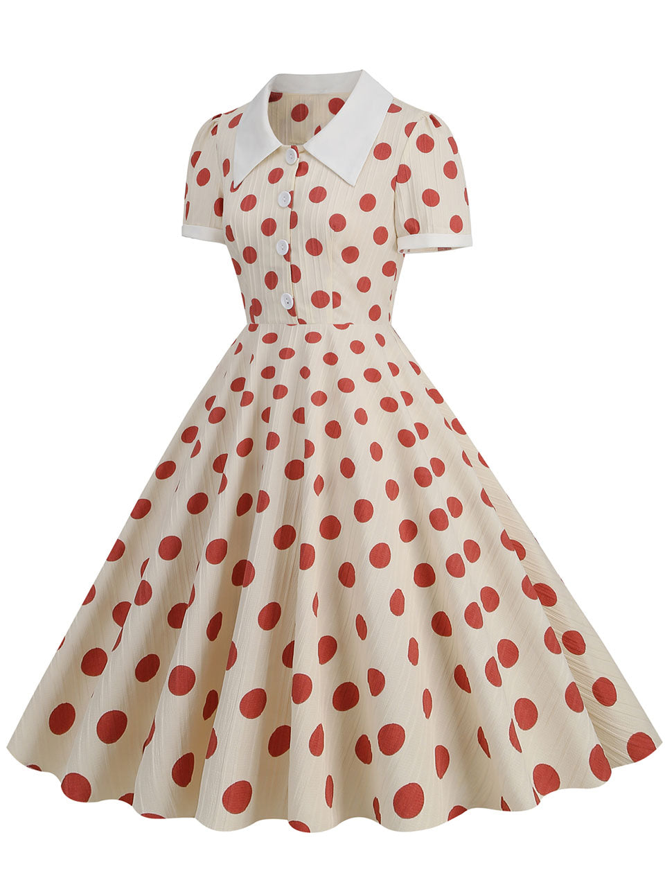 Green Polka Dots Johnny Collar Short Sleeve Swing Vintage 1950S Party Dress, Red / M Green Polka Dots Johnny Collar Short Sleeve Swing Vintage 1950S Party Dress, Red / M