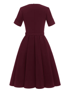 Solid Color Square Collar Short Sleeve 50s Party Swing Dress