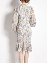 Load image into Gallery viewer, Grey Crew Neck Puff Sleeves Floral Print Bodycon Dress