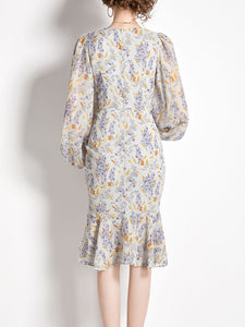 Grey Crew Neck Puff Sleeves Floral Print Bodycon Dress