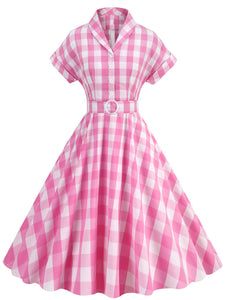 Pink And White Plaid Bow Collar Barbie Same Style 1950S Vintage Dress With Hat Set
