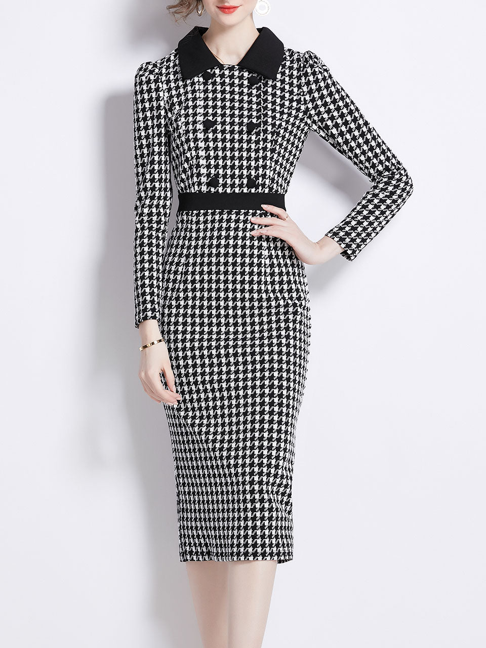 Black and White Houndstooth Peter Pan Collar Vintage Bodycon Dress, Black / XL