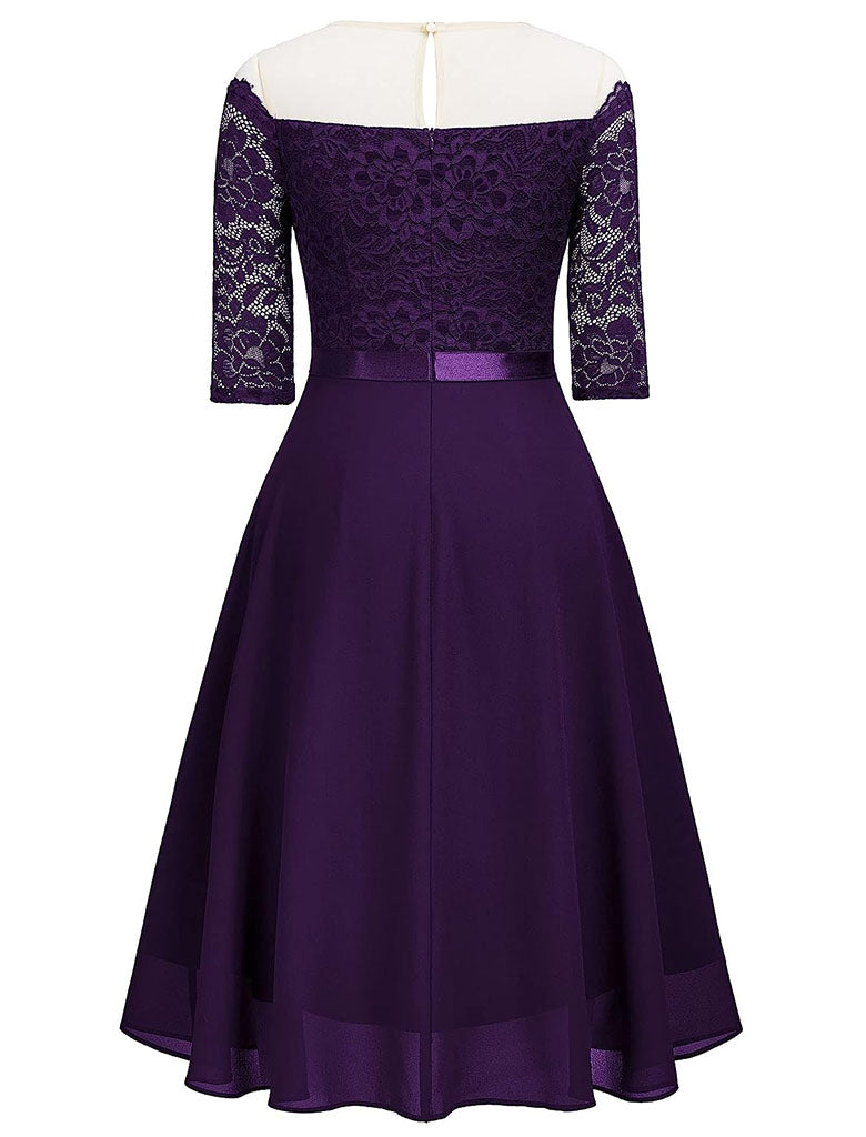 Semi Sheer Solid Color 50s Party Lace Swing Dress, Wine Red / L Semi Sheer Solid Color 50s Party Lace Swing Dress, Wine Red / L