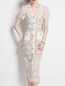 White Lace V Neck Short Sleeve Bodycon Dress