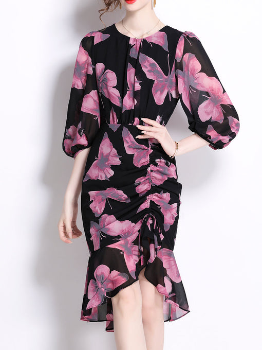 Purple Crew Neck Puff Sleeves Floral Print Slit Bodycon Dress