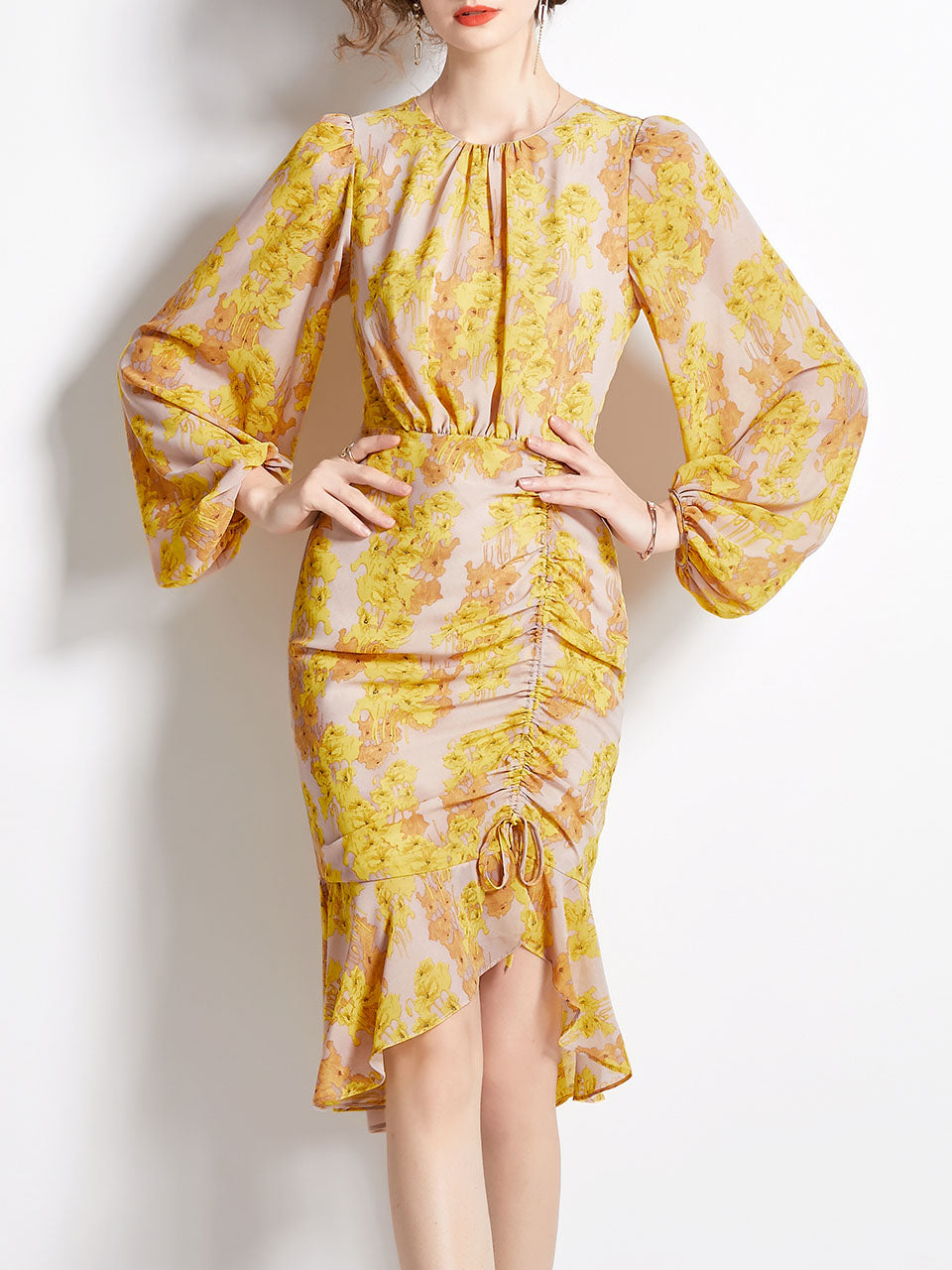 Grey Crew Neck Puff Sleeves Floral Print Bodycon Dress, Yellow / M