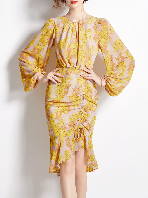 Grey Crew Neck Puff Sleeves Floral Print Bodycon Dress