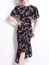 Load image into Gallery viewer, Black Crew Neck Puff Sleeves Floral Print Bodycon Dress