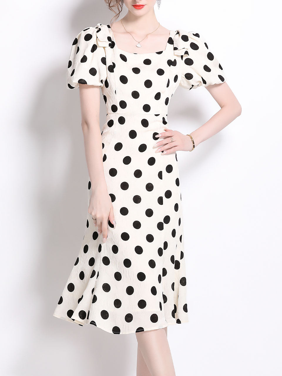 Black Polka Dots Vintage Puff Sleeves Bodycon Dress, White / L