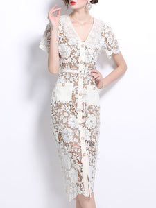 White Lace Flower V Neck Short Sleeve Bodycon Dress, White / M White Lace Flower V Neck Short Sleeve Bodycon Dress, White / M