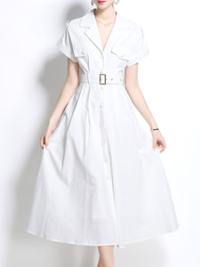 1940S Lapel Shirt Cotton Dress with Pockets