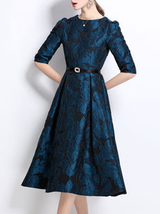 Red Luxury Flower Print High Waist Swing Vintage Dress