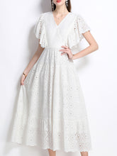 Load image into Gallery viewer, Embroidered Openwork V Neck Ruffles Maxi Dress