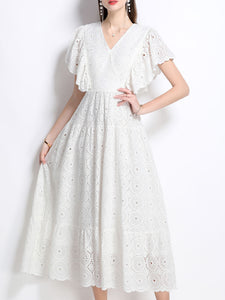 Embroidered Openwork V Neck Ruffles Maxi Dress