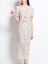 Load image into Gallery viewer, White V Neck Bow Short Sleeve 1950S Vintage Lace Bodycon Dress