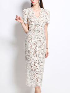 White V Neck Bow Short Sleeve 1950S Vintage Lace Bodycon Dress
