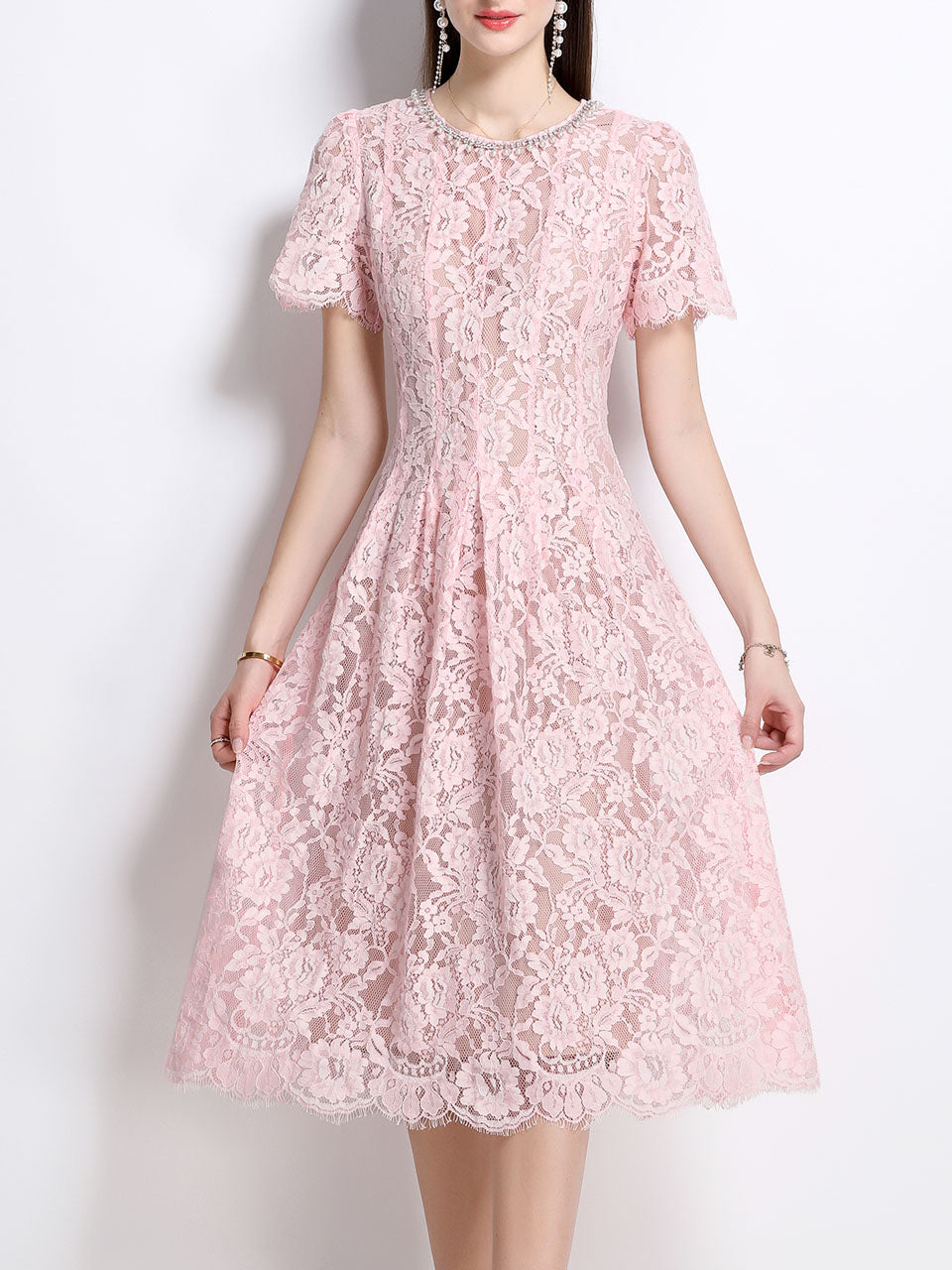 Pink Crew Neck Short Sleeve Classic 1950S Vintage Lace Dress Jolly Vintage Pink Crew Neck Short Sleeve Classic 1950S Vintage Lace Dress Jolly Vintage