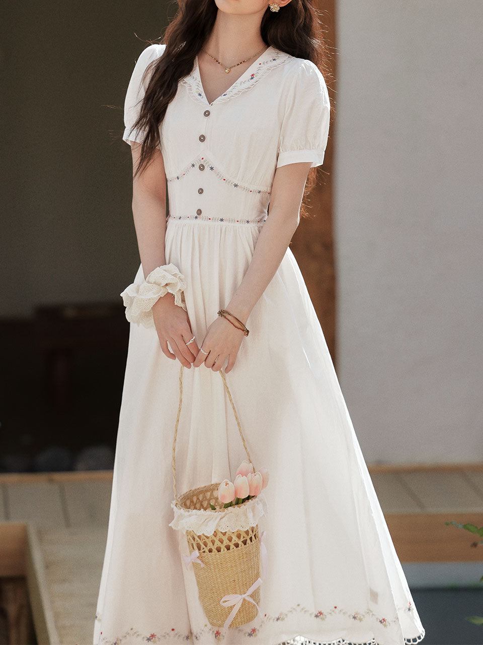 white cottagecore dress I Flipped Corset Pre-order / L a picnic 2PS White Long Sleeve Ruffles