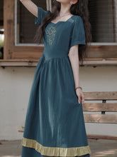 Load image into Gallery viewer, Peacock Blue Bluebell Embroidered Vintage Dress with Lace-Up Back