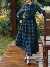 Load image into Gallery viewer, Dark Blue Plaid Ruffle 1950S Vintage Woolen Coat Swing Retro Dress