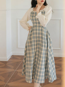 Plaid Crew Neck Long Sleeve Lace Vintage Victorian Swing Dress