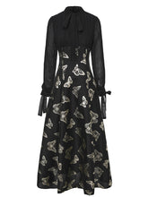 Load image into Gallery viewer, Gold Foil Butterfly Print Chiffon Blue Maxi Dress with Bow Neck