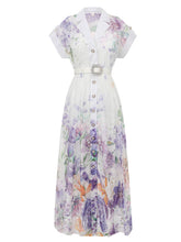 Load image into Gallery viewer, Women's Short Dolman Sleeve Purple Floral Print Midi Dress with Lapel Collar