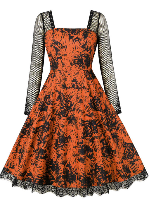 1950S Halloween Lace Floral Printed Long Sleeve Vintage Dress