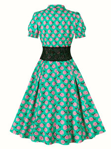 Green Rose Print Ruffles Puff Sleeves 1950s Retro Dress