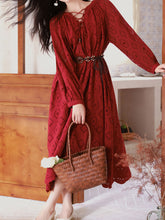 Load image into Gallery viewer, Red Embroidered Hollow Long Sleeve Tassel Holiday Bohemian Dress