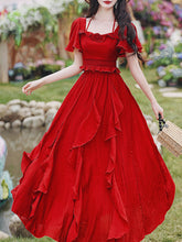 Load image into Gallery viewer, 2PS Red Rose Ruffles Spaghetti Strap Top and High Waist Swing Dress Set