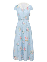 Load image into Gallery viewer, Mrs. Maisel Inspired 1950s Blue Floral Print Swing Dress for Women with Lapel Collar
