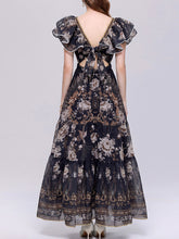Load image into Gallery viewer, Women’s Dark Boho Floral Printed Chiffon V-Neck Ruffled Summer Beach Maxi Dress
