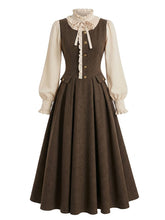 Load image into Gallery viewer, Vintage Brown Victorian-Inspired Ruffle Midi Dress