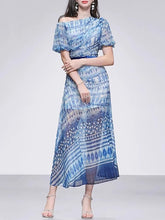 Load image into Gallery viewer, Blue One Shoulder Lantern Sleeve Printed Fishtail Vintage Dress