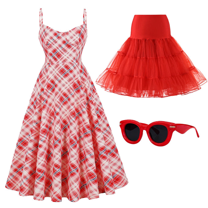 Vintage Red Spaghetti Strap Plaid 1950S Vintage Dress Set