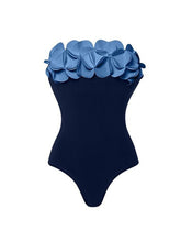 Load image into Gallery viewer, Navy Style Strapless Floral Petal Swimsuit Monokini and Side Slit Beach Maxi Skirt Set